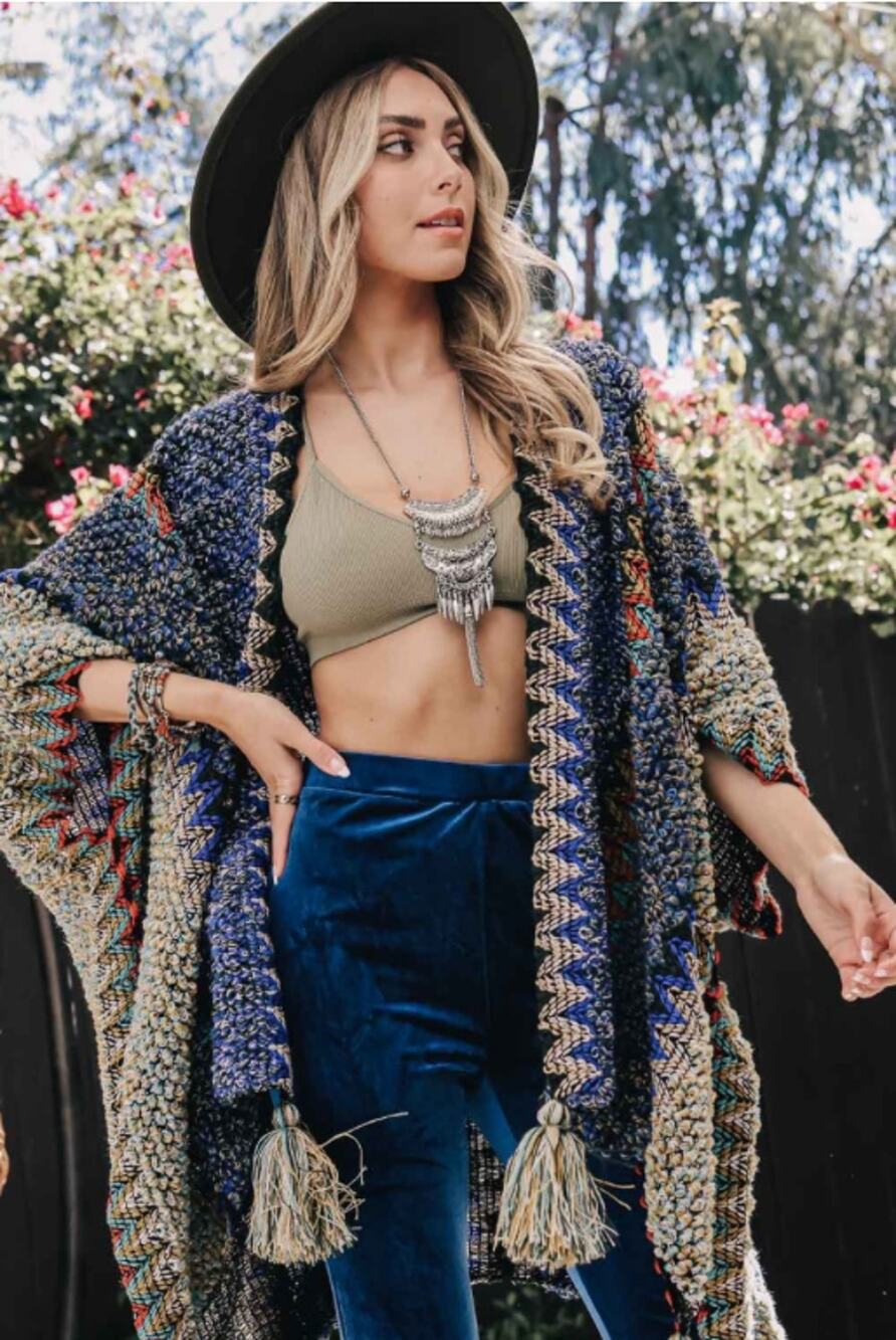 Colorful Crochet Patterned Ruana, Poncho, Sweater, Cozy Rap Cobalt Blue